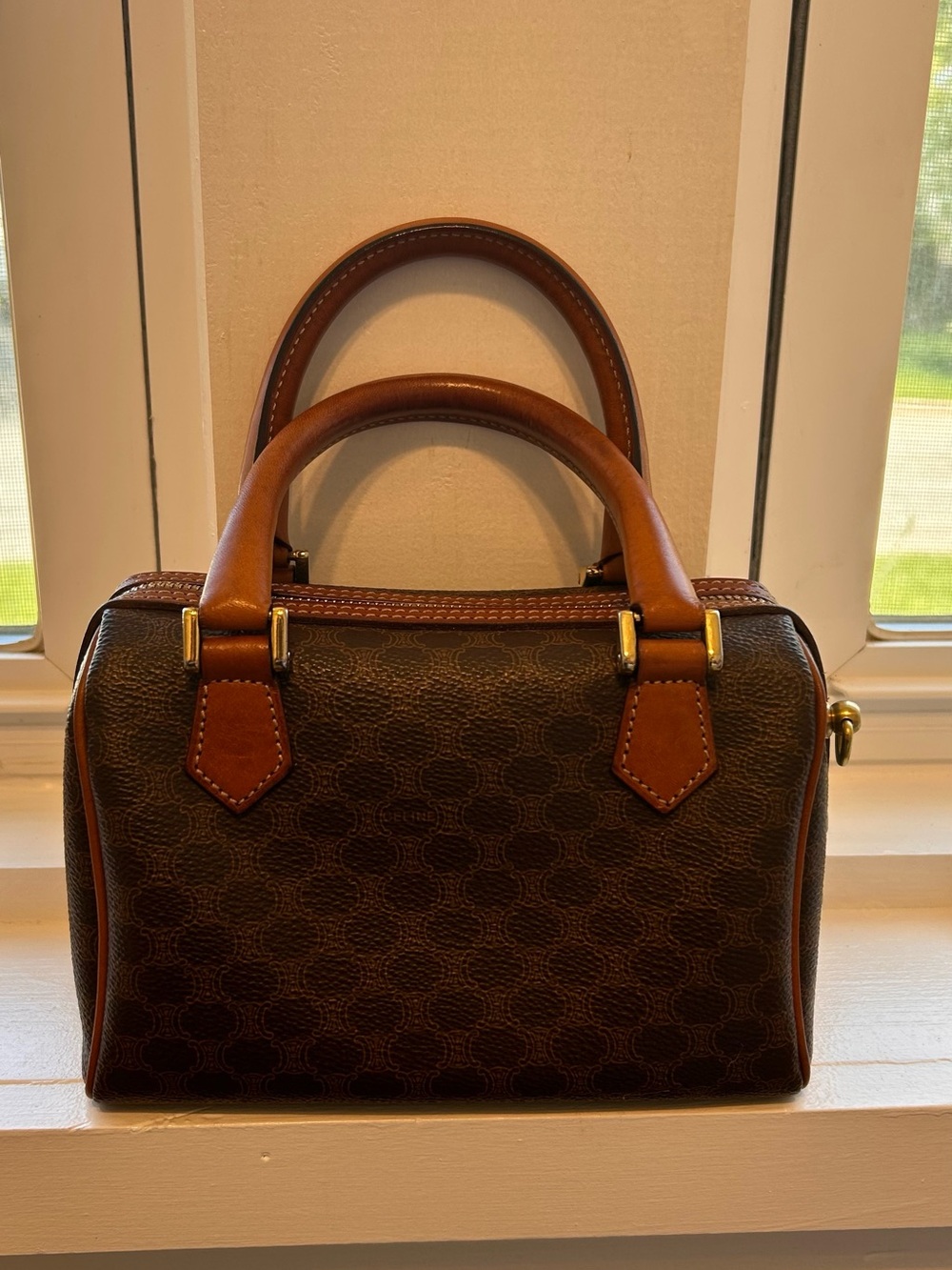 Vintage Celine Macadam Canvas Boston Bag with Brown leather trim- Size Small